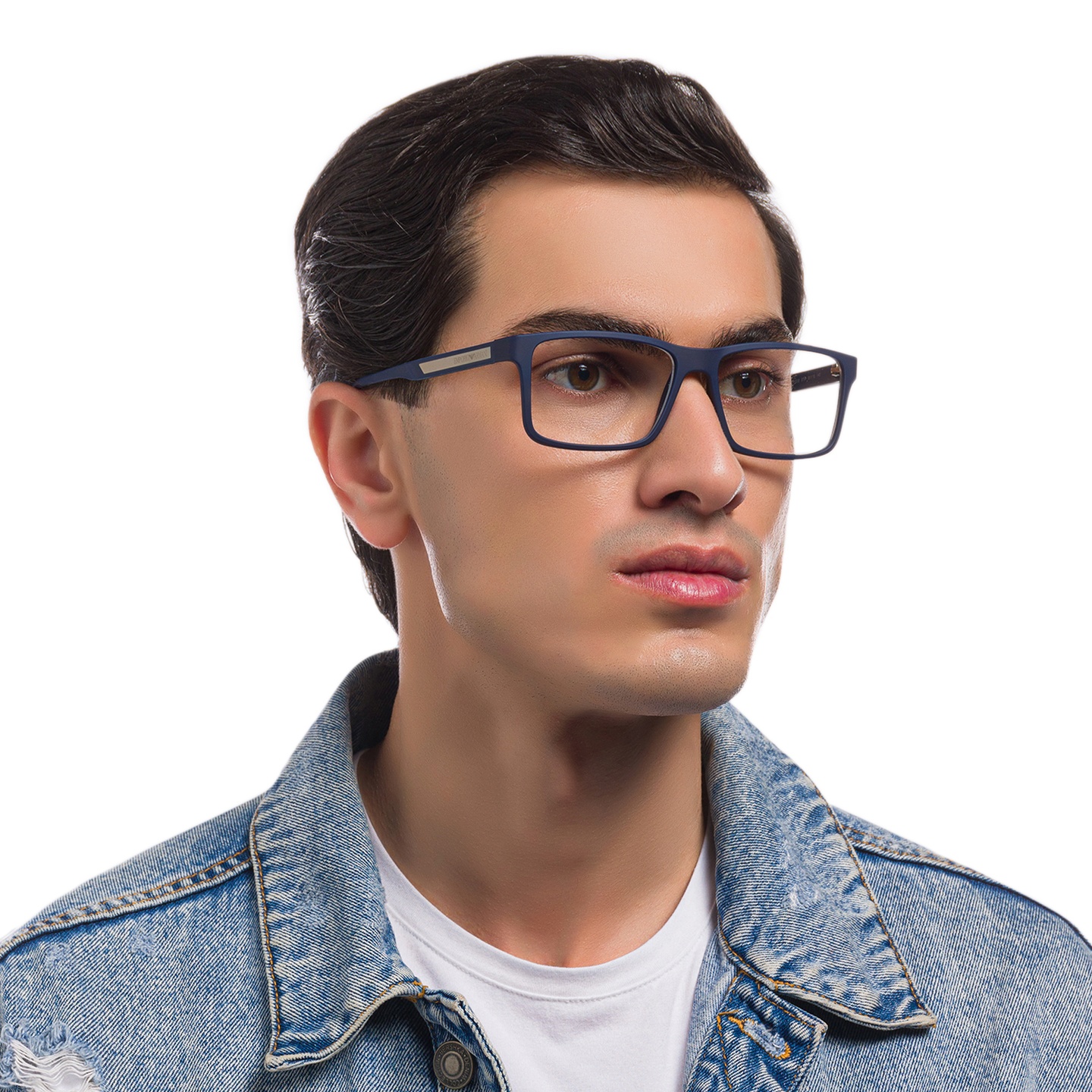 Shop Emporio Armani Wide Rectangle Eyeglasses in Dark Blue Rubber online.